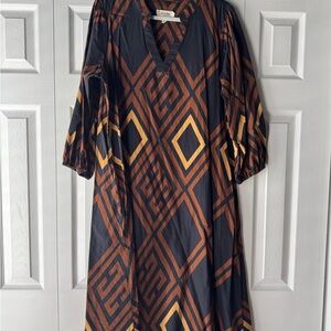 Anthropologie Blue and Brown Midi Dress with V-Neck Bishop Sleeves